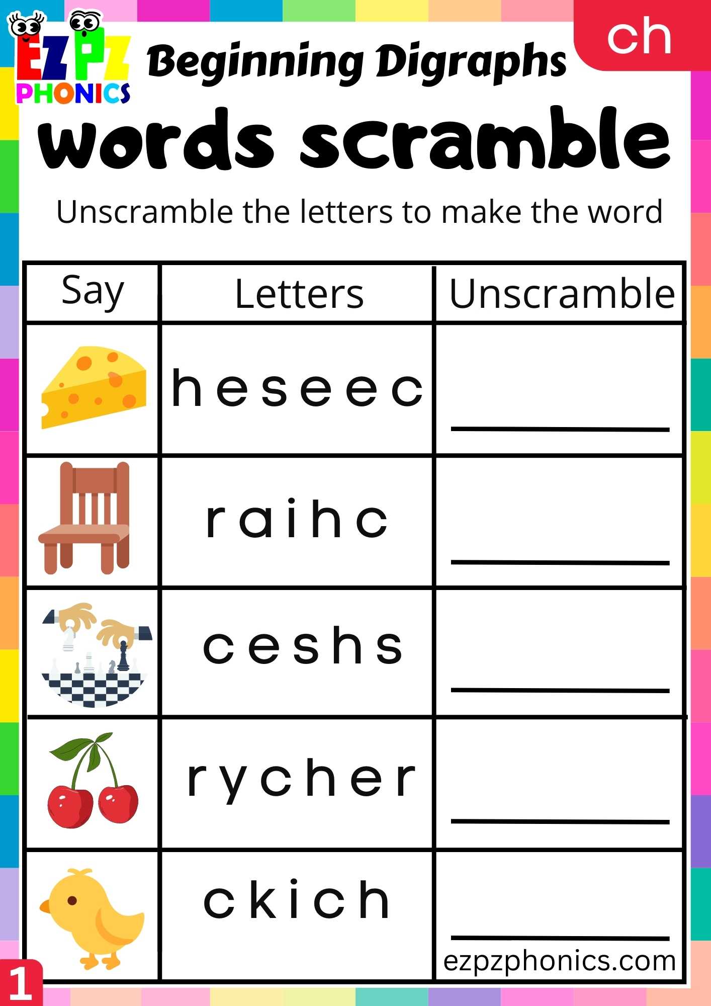 Group1 CH Words Words Scramble Consonant Digraphs Phonics Beginning Worksheet